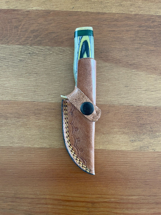 3 in. Handmade Damascus Steel Hunting Skinner Knife Wood Handle Leather Sheath