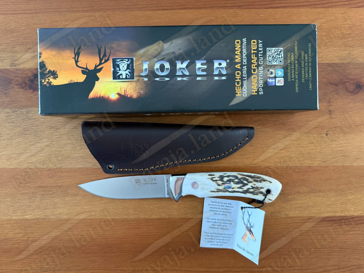 Joker Pantera Fixed Knife 3.7” MOVA Blade 🦌 Deer Antler Handle Leather Sheath