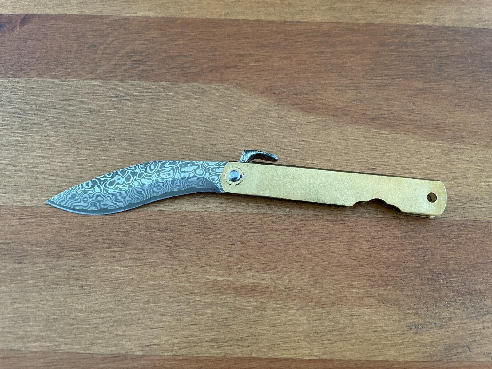 2.9" Navaja Higonokami Pocket Knife 79-layer Damascus Brass Handle with Sheath
