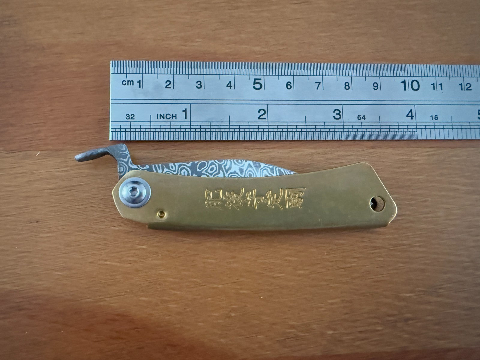 2.75" Damascus Falcata Blade Navaja Higonokami Pocket Knife Brass Handle Sheath