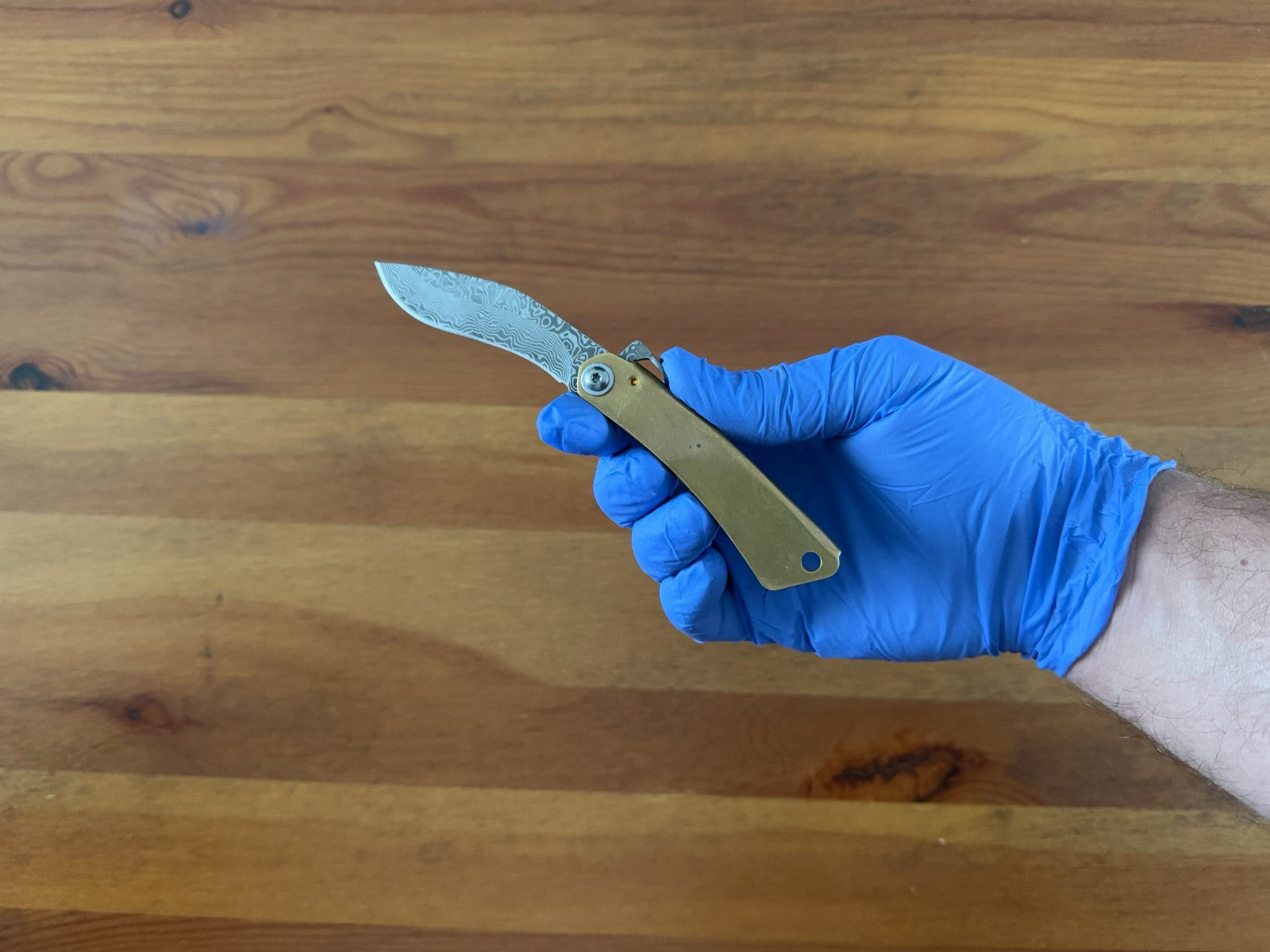 2.75" Damascus Falcata Blade Navaja Higonokami Pocket Knife Brass Handle Sheath