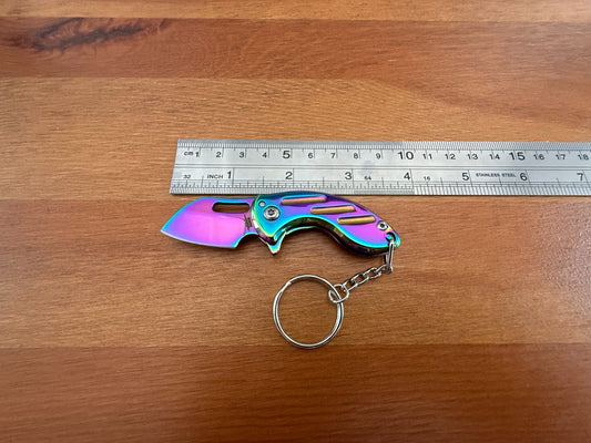 Keychain Mini Folding Knife 1.5" Steel Blade Rainbow Coated Liner Lock