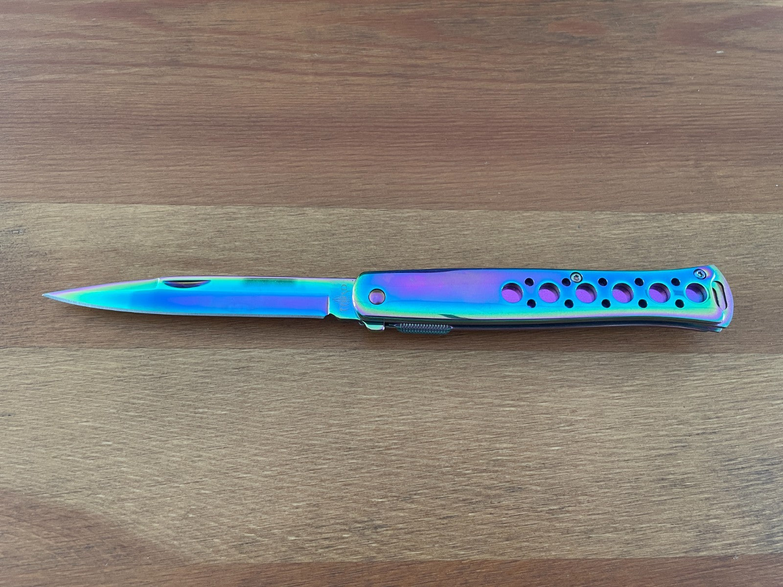 420 Steel Stiletto Folding Knife Aluminum Handle Plated Shiny Rainbow Titanium