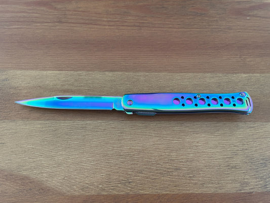 420 Steel Stiletto Folding Knife Aluminum Handle Plated Shiny Rainbow Titanium