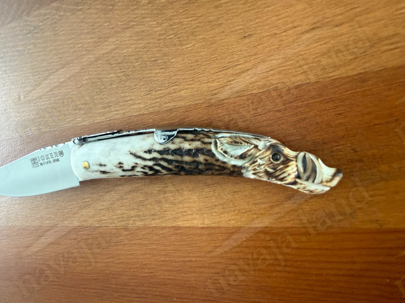 Joker Folding Knife w/ Hand Carved Wild Boar Motif Deer Antler 3.1" MOVA Steel