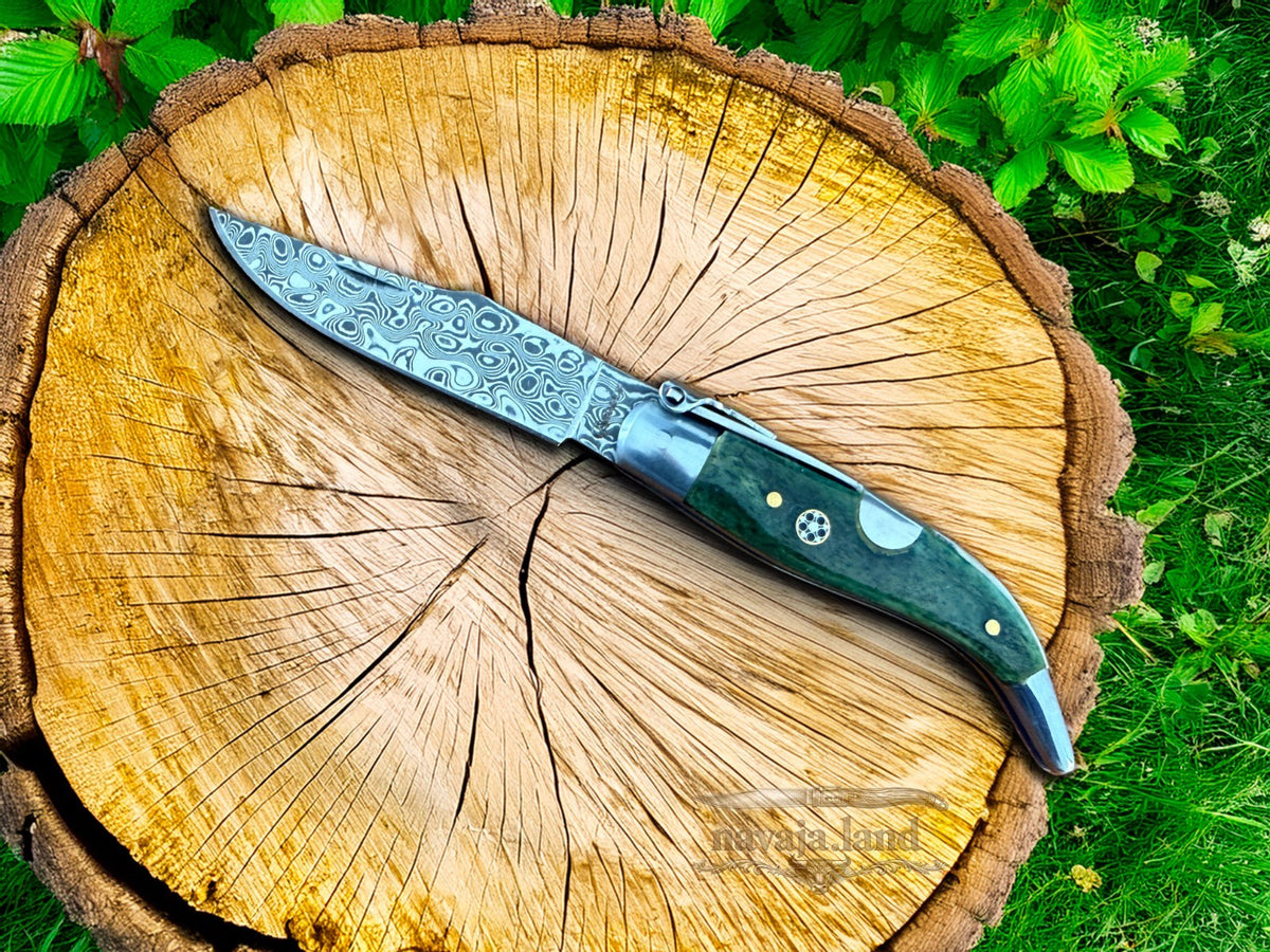 2.56” 67-Layer Damascus Blade Spanish Albacete Navaja Folding Knife Green Bone