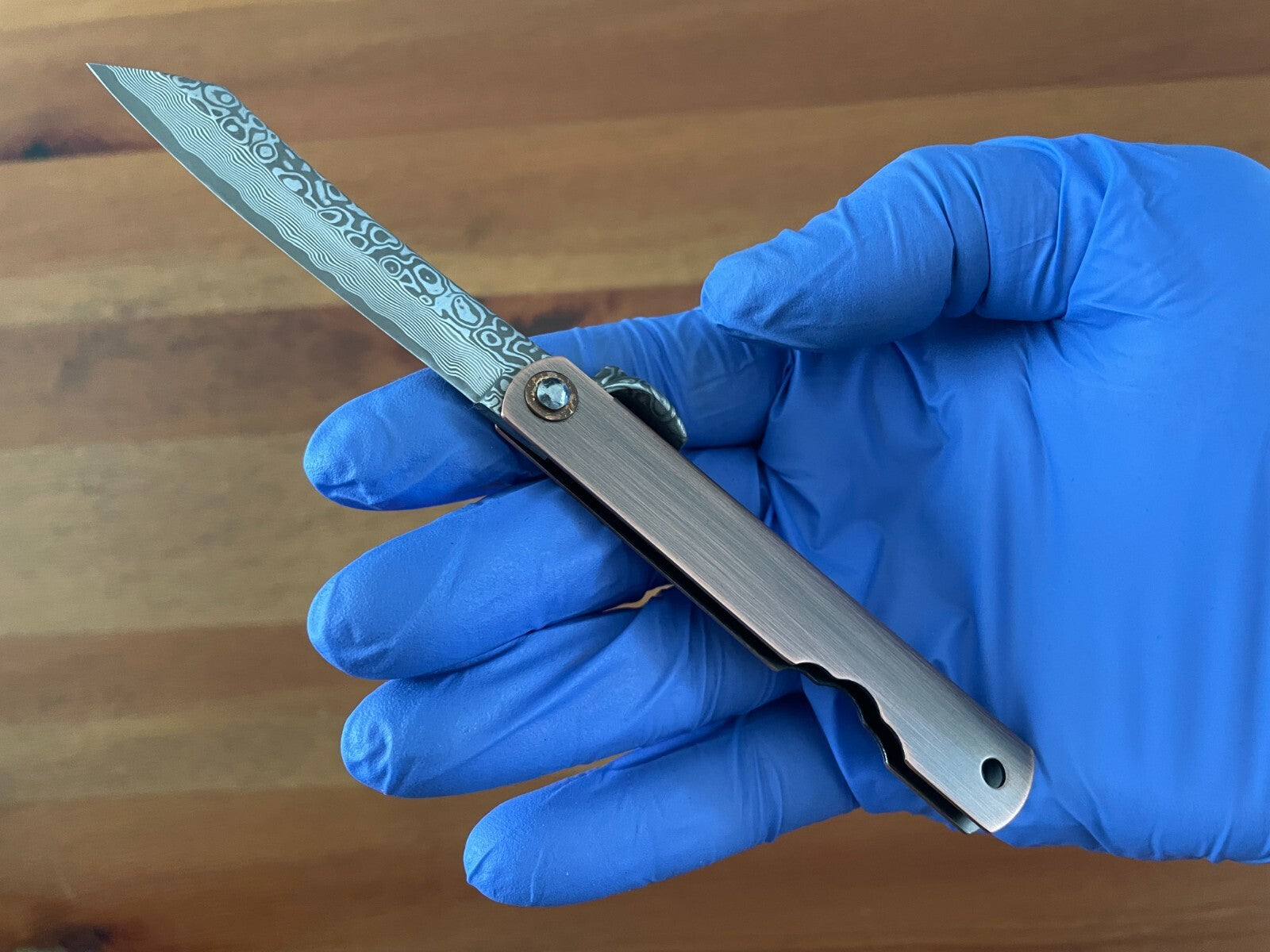 2.8" Navaja Higonokami Pocket Knife Tanto 79-layer Damascus Copper Handle Sheath