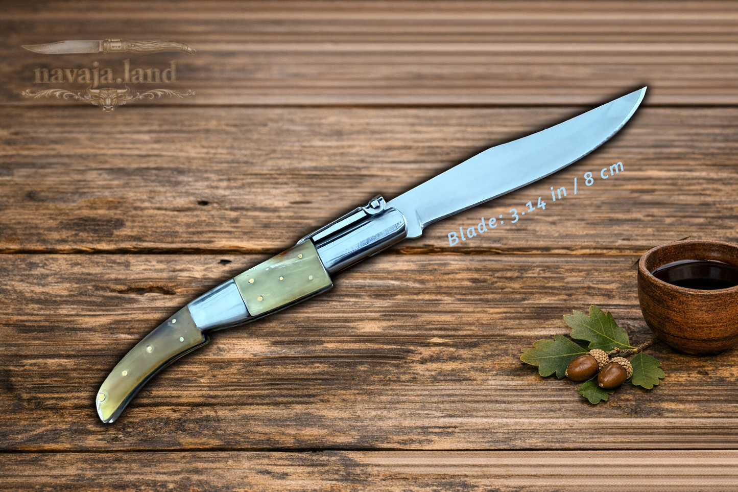 🔥3.14” Arabian Style Classic Spanish Navaja Folding Knife – Bull Horn Handle | Ratchet Lock