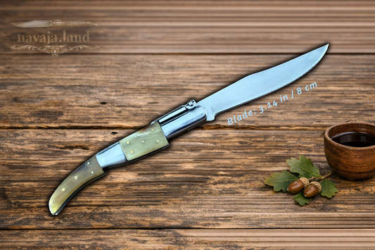 🔥3.14” Arabian Style Classic Spanish Navaja Folding Knife – Bull Horn Handle | Ratchet Lock