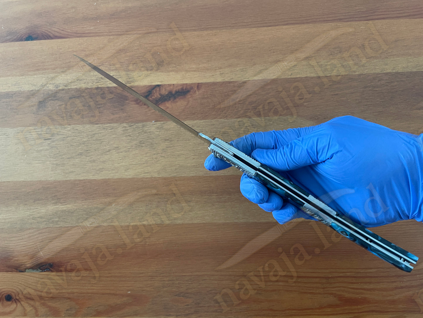 5.9" Arabian Style Navaja with Ratchet Pocket Knife Blue Acrylic & Steel Handle