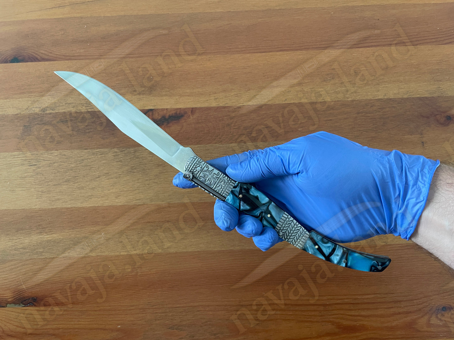 5.9" Arabian Style Navaja with Ratchet Pocket Knife Blue Acrylic & Steel Handle