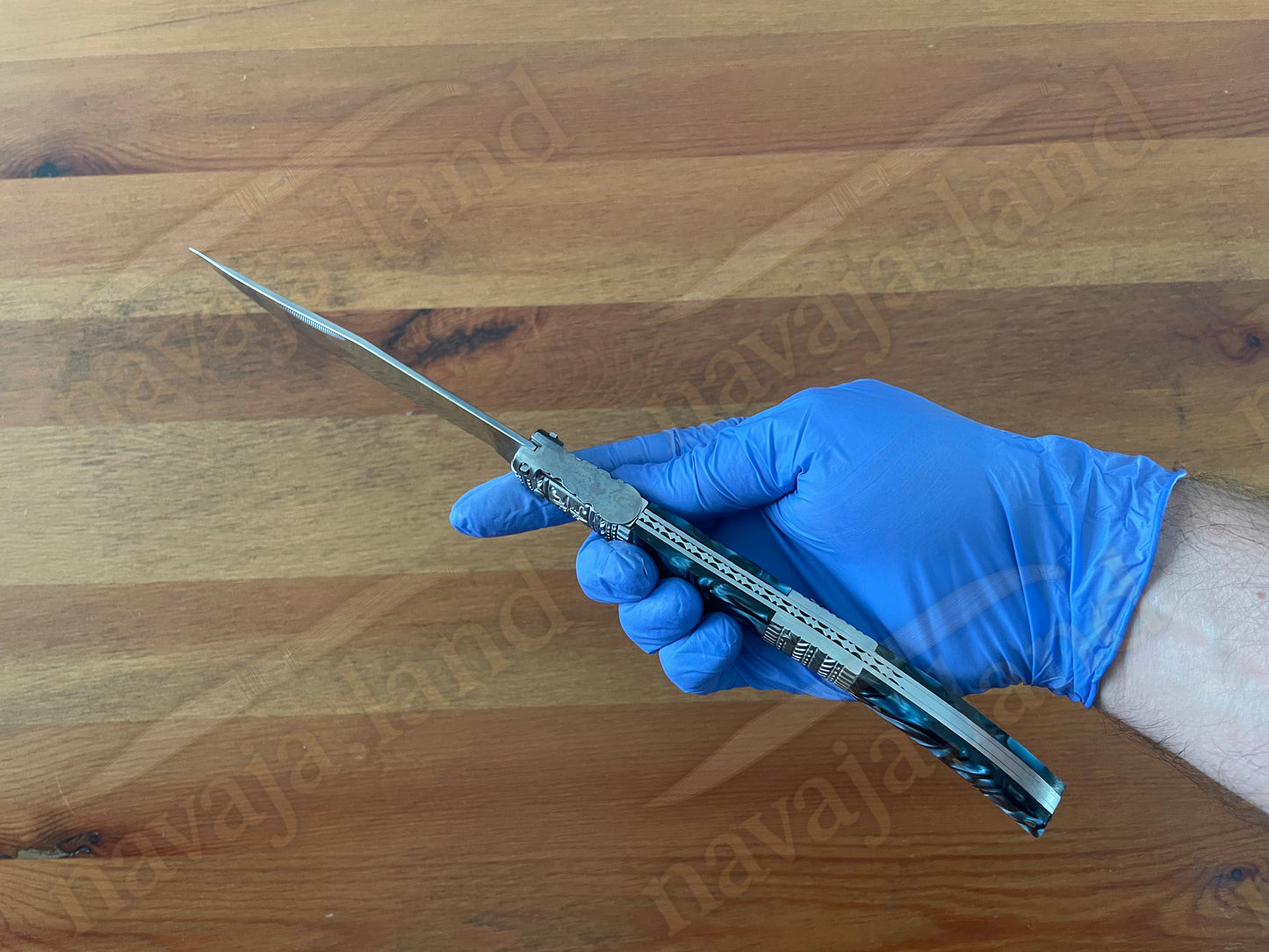 5.9" Arabian Style Navaja with Ratchet Pocket Knife Blue Acrylic & Steel Handle
