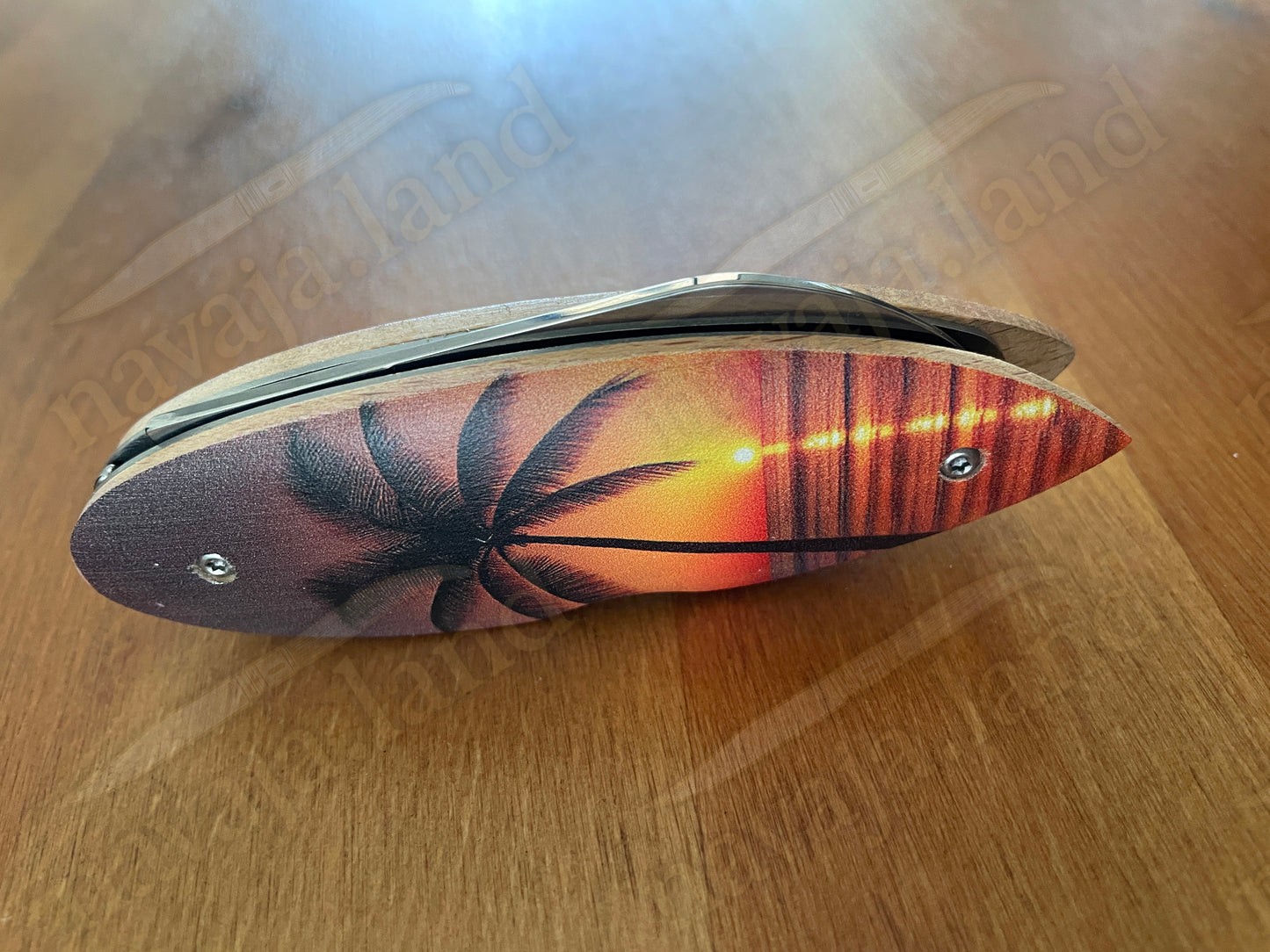 Surfboard “PALMERA” Pocket Knife – Beechwood Handle | Bottle Opener | Lockback