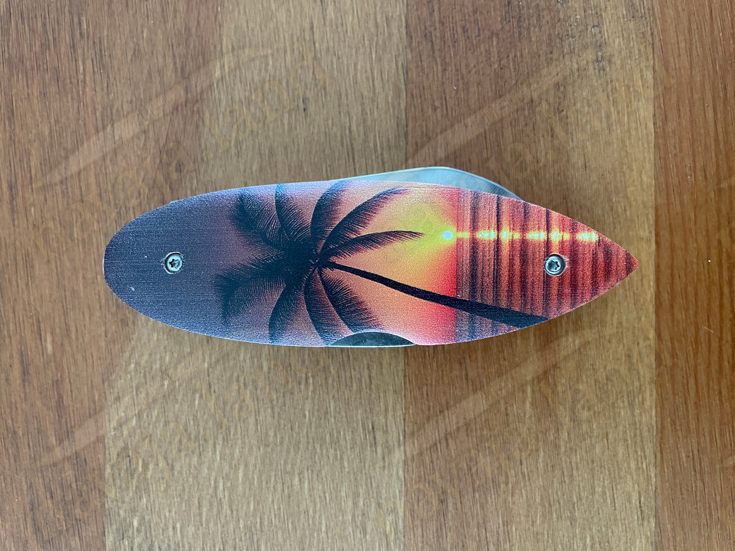 Surfboard “PALMERA” Pocket Knife – Beechwood Handle | Bottle Opener | Lockback