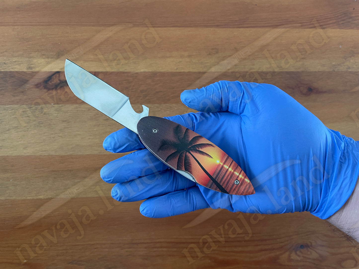 Surfboard “PALMERA” Pocket Knife – Beechwood Handle | Bottle Opener | Lockback