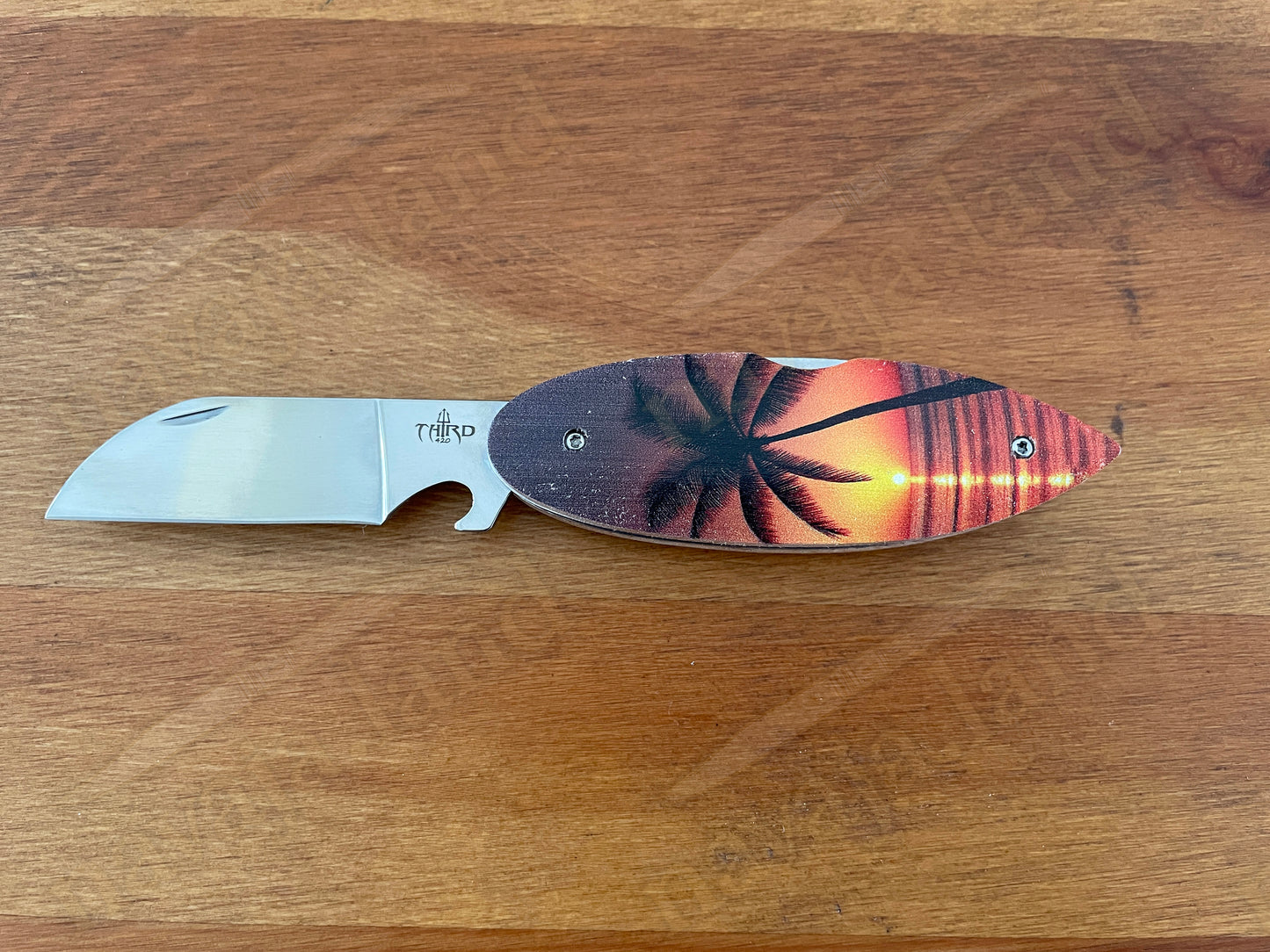 Surfboard “PALMERA” Pocket Knife – Beechwood Handle | Bottle Opener | Lockback
