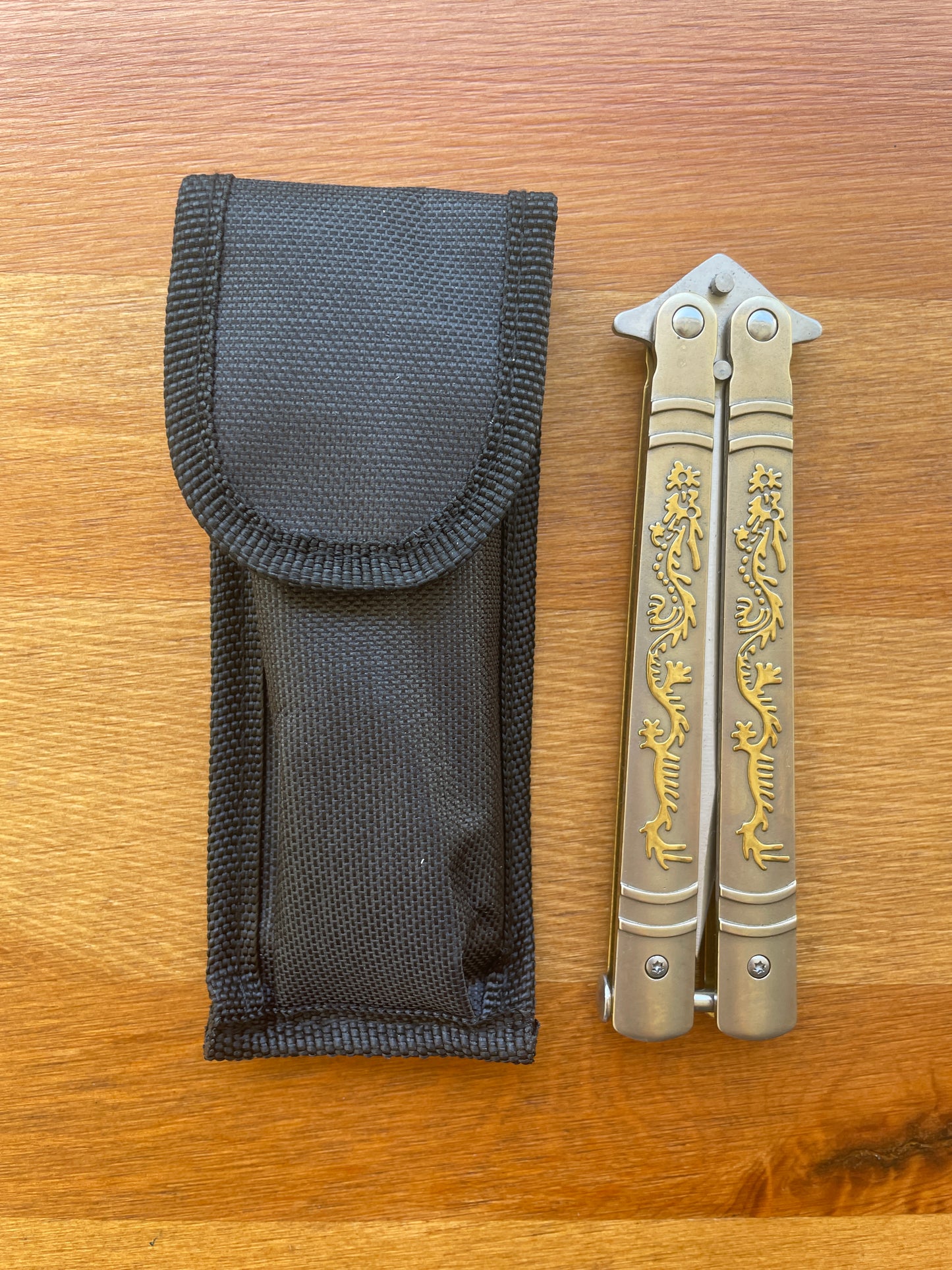 4.13" Fan Knife With Golden Decorated Handle and Sheath