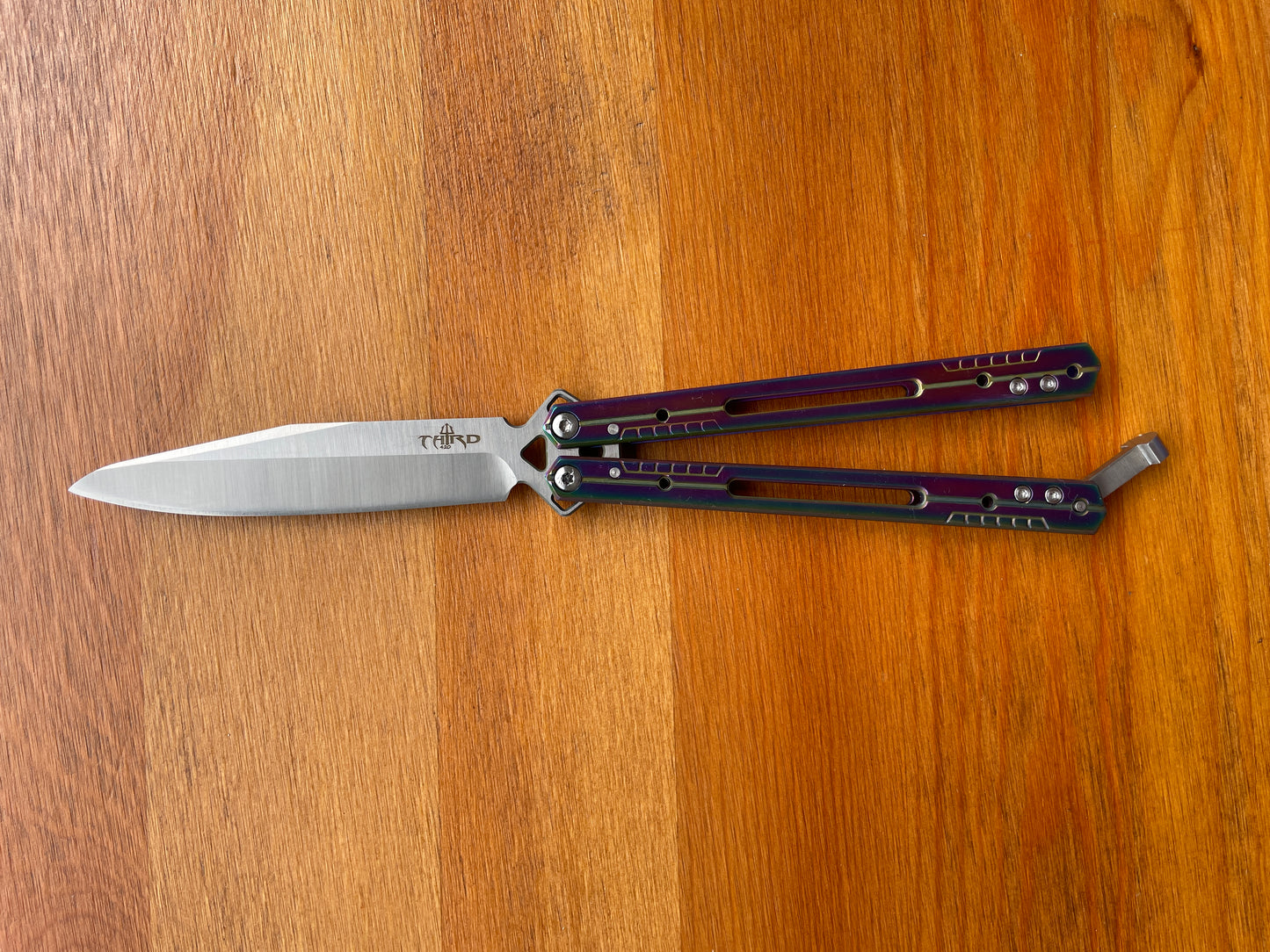 4.13" Stainless Blade Fan Folding Knife Titanium Rainbow Plated Handle