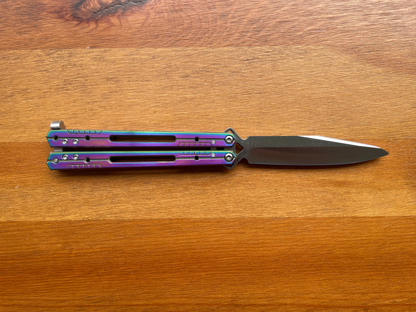 4.13" Stainless Blade Fan Folding Knife Titanium Rainbow Plated Handle