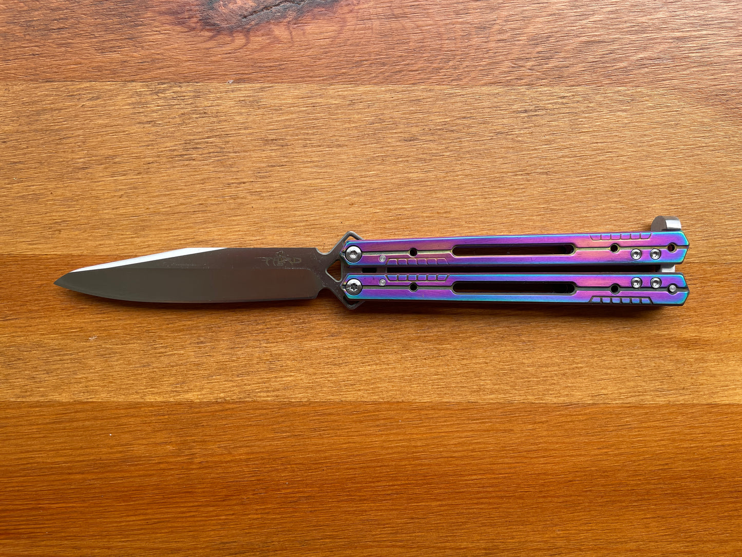 4.13" Stainless Blade Fan Folding Knife Titanium Rainbow Plated Handle