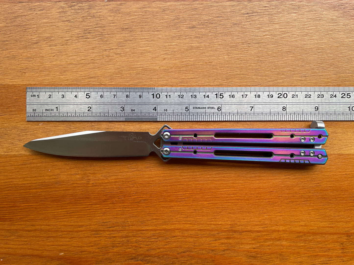 4.13" Stainless Blade Fan Folding Knife Titanium Rainbow Plated Handle