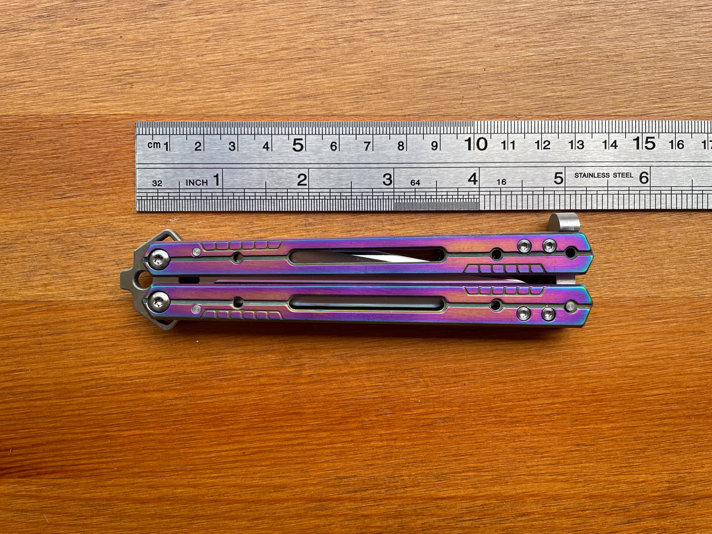 4.13" Stainless Blade Fan Folding Knife Titanium Rainbow Plated Handle
