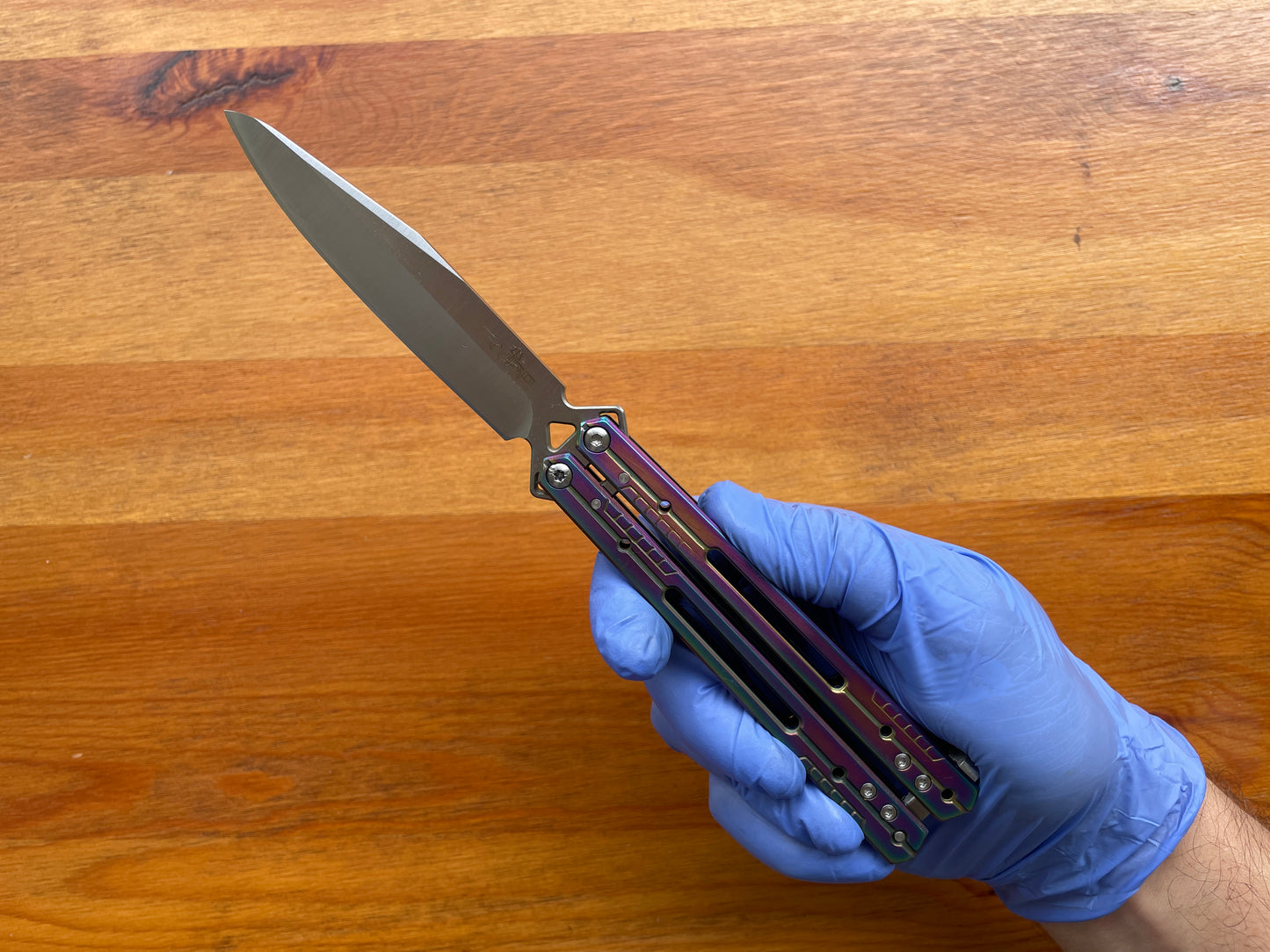4.13" Stainless Blade Fan Folding Knife Titanium Rainbow Plated Handle