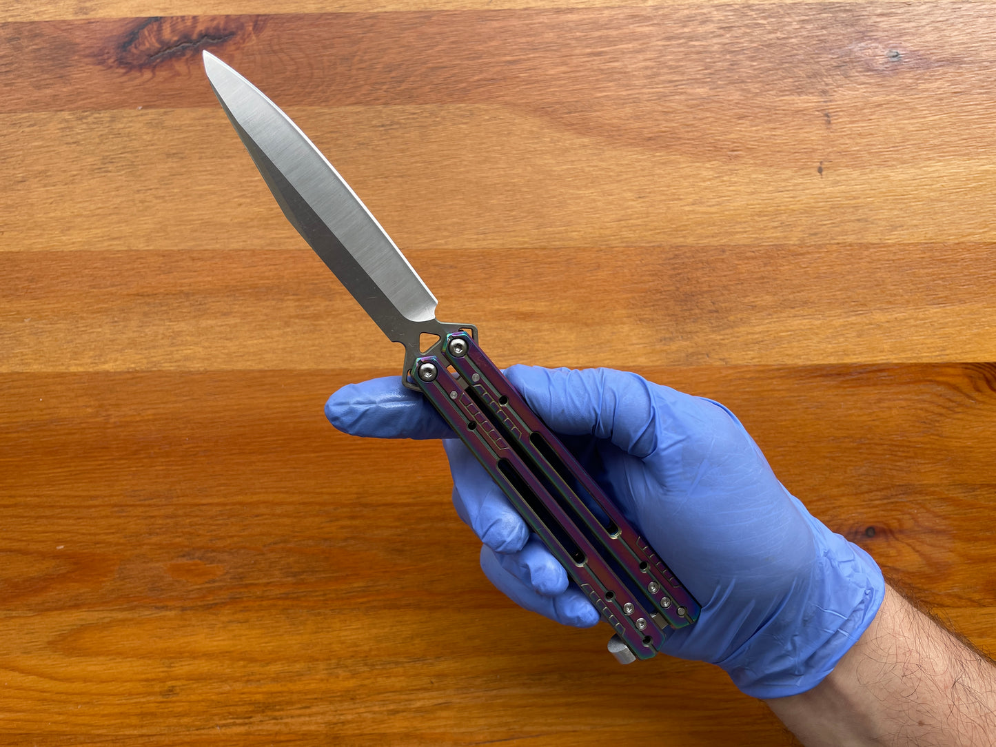 4.13" Stainless Blade Fan Folding Knife Titanium Rainbow Plated Handle