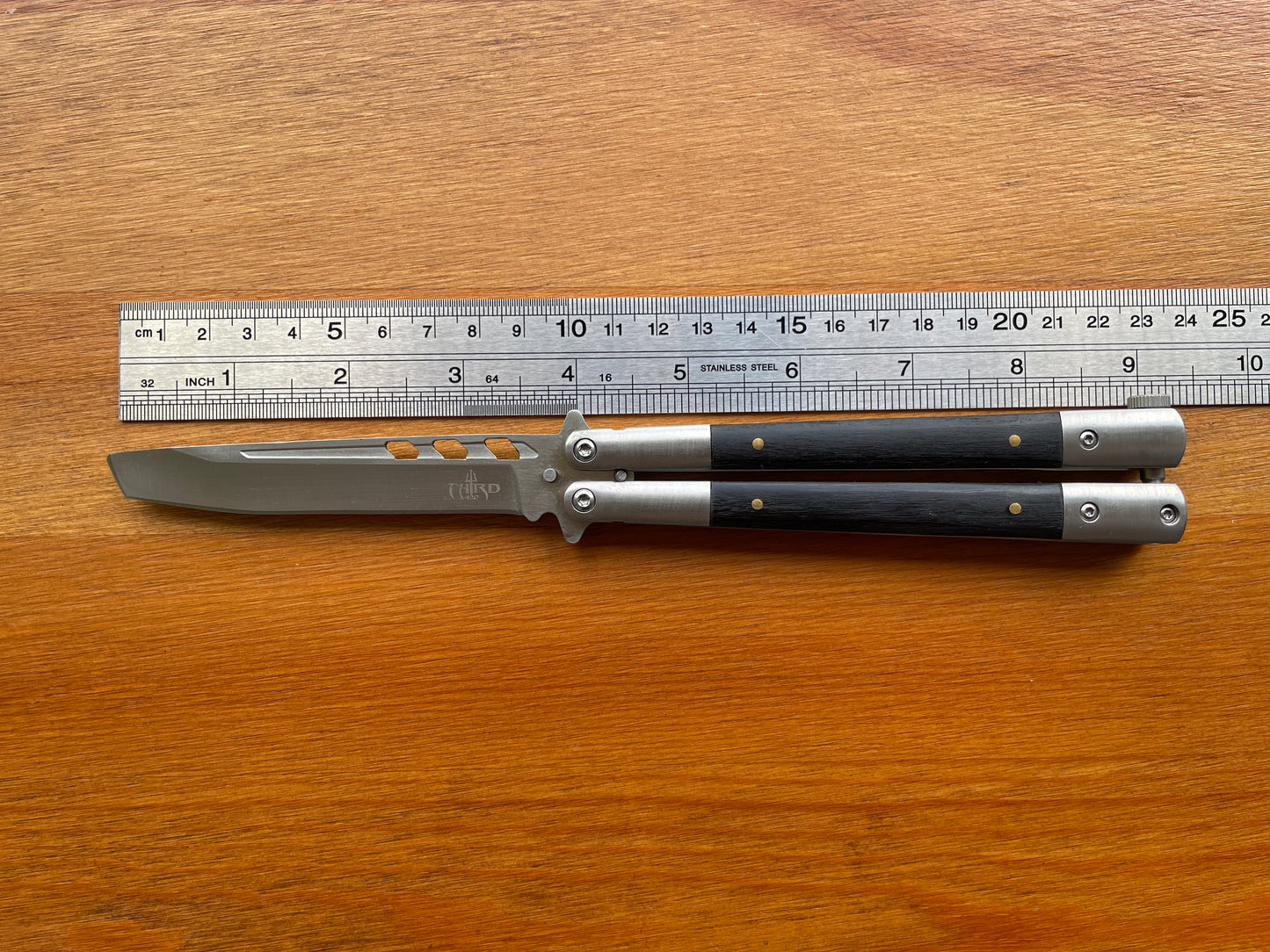 3.9" Stainless Steel Blade Fan Folding Knife Black Wood Scales Handle
