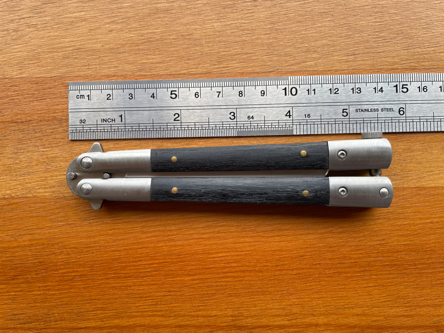 3.9" Stainless Steel Blade Fan Folding Knife Black Wood Scales Handle
