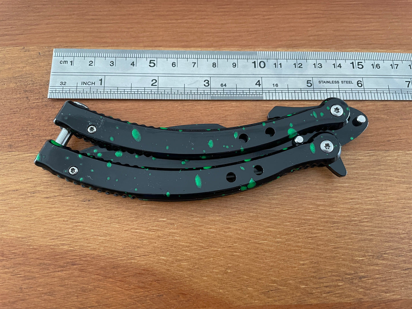 4.13" Stainless Steel Blade Folding Fan Knife Black Finish With Green Drops