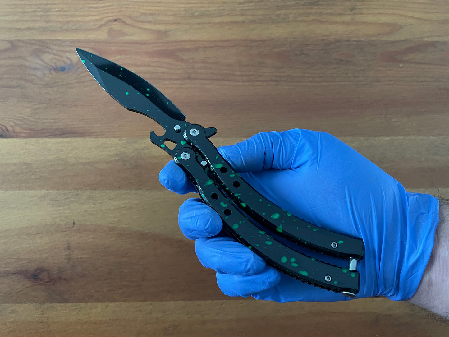 4.13" Stainless Steel Blade Folding Fan Knife Black Finish With Green Drops