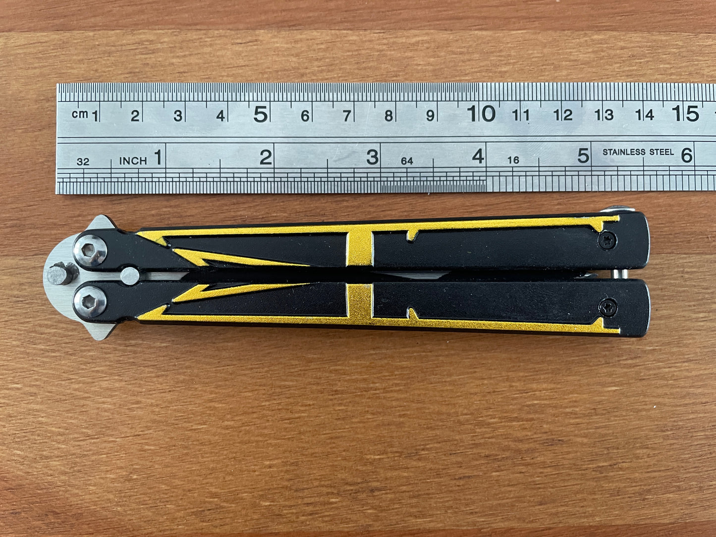 5" Steel Blade Black Cut Folding Fan Knife Black Aluminum Handle Yellow Trident