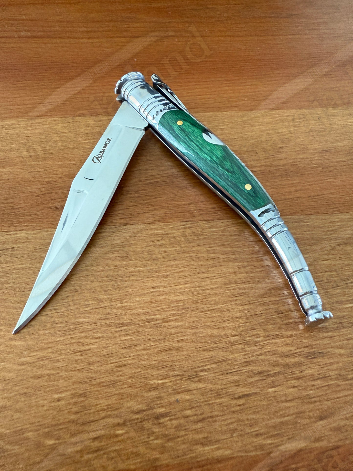 3.34” Spanish Navaja Serrana Ratchet Folding Knife Green Wood Scales From Spain
