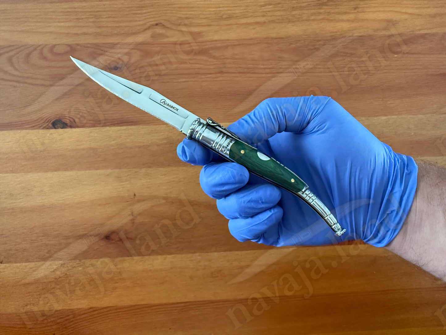 3.34” Spanish Navaja Serrana Ratchet Folding Knife Green Wood Scales From Spain