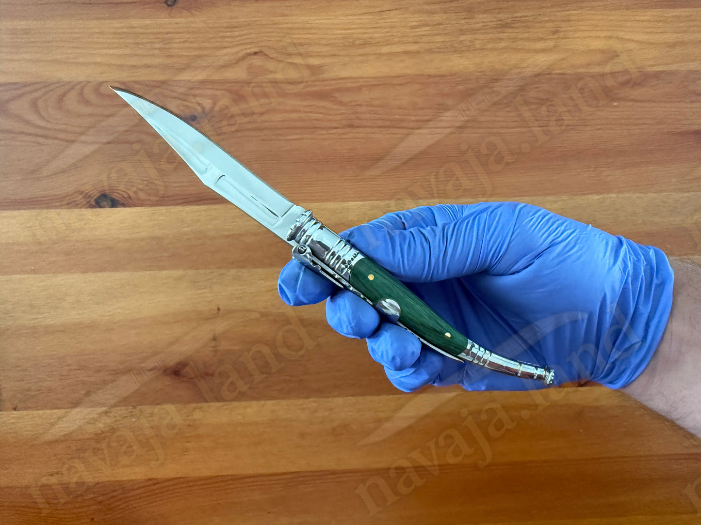 3.34” Spanish Navaja Serrana Ratchet Folding Knife Green Wood Scales From Spain