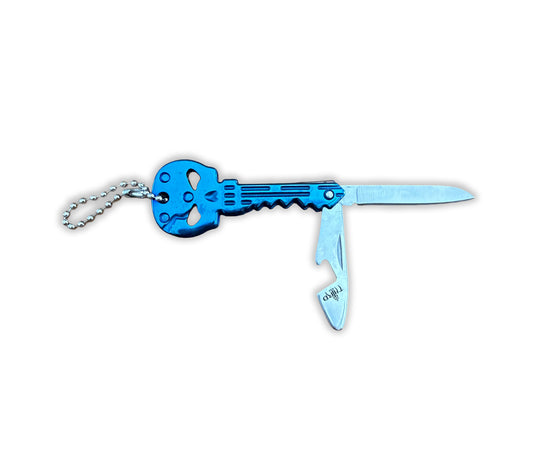 Titanium Blue Finish Skull Key Ring Knife 1.8-in Blade With Bottle Opener  Spain