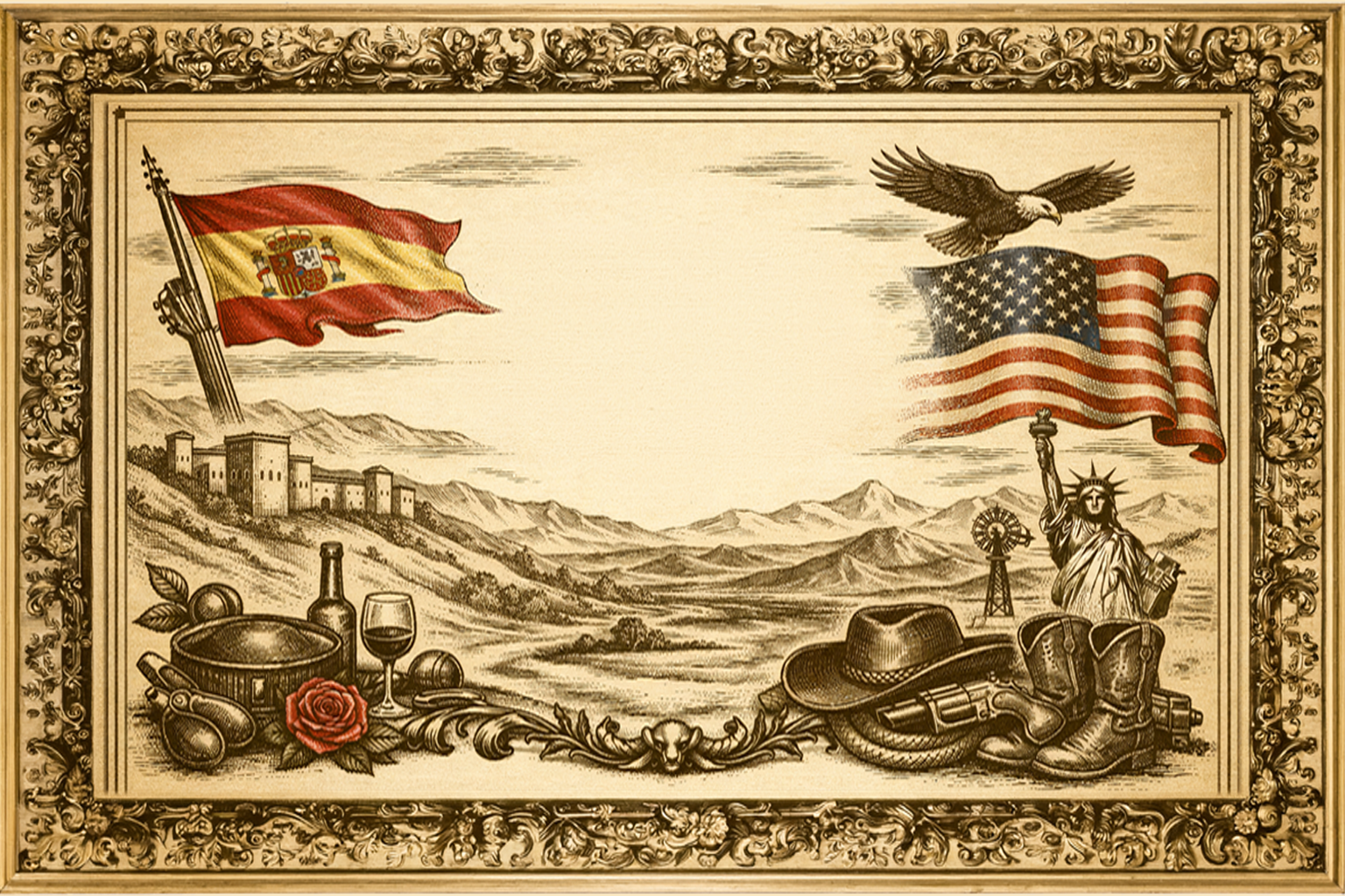Decorative illustration with American and Spanish flags, Statue of Liberty, and landscape elements.