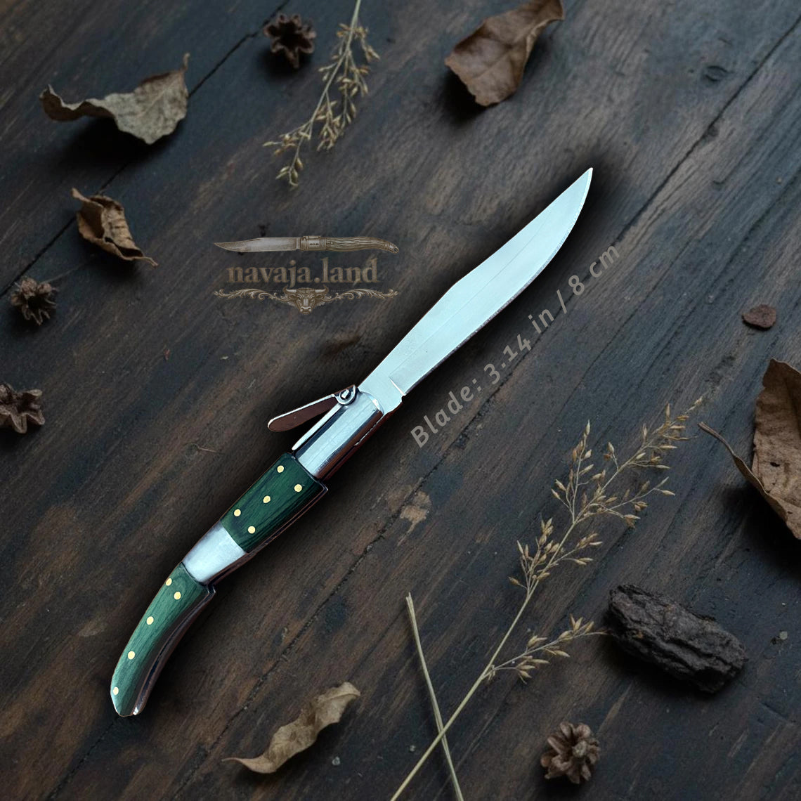 🔥3.14” Arabian Style Navaja Spanish Knife – Green Wood & Steel Handle | Ratchet