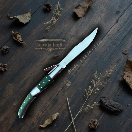 🔥3.14” Arabian Style Navaja Spanish Knife – Green Wood & Steel Handle | Ratchet