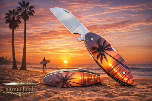 Surfboard “PALMERA” Pocket Knife – Beechwood Handle | Bottle Opener | Lockback