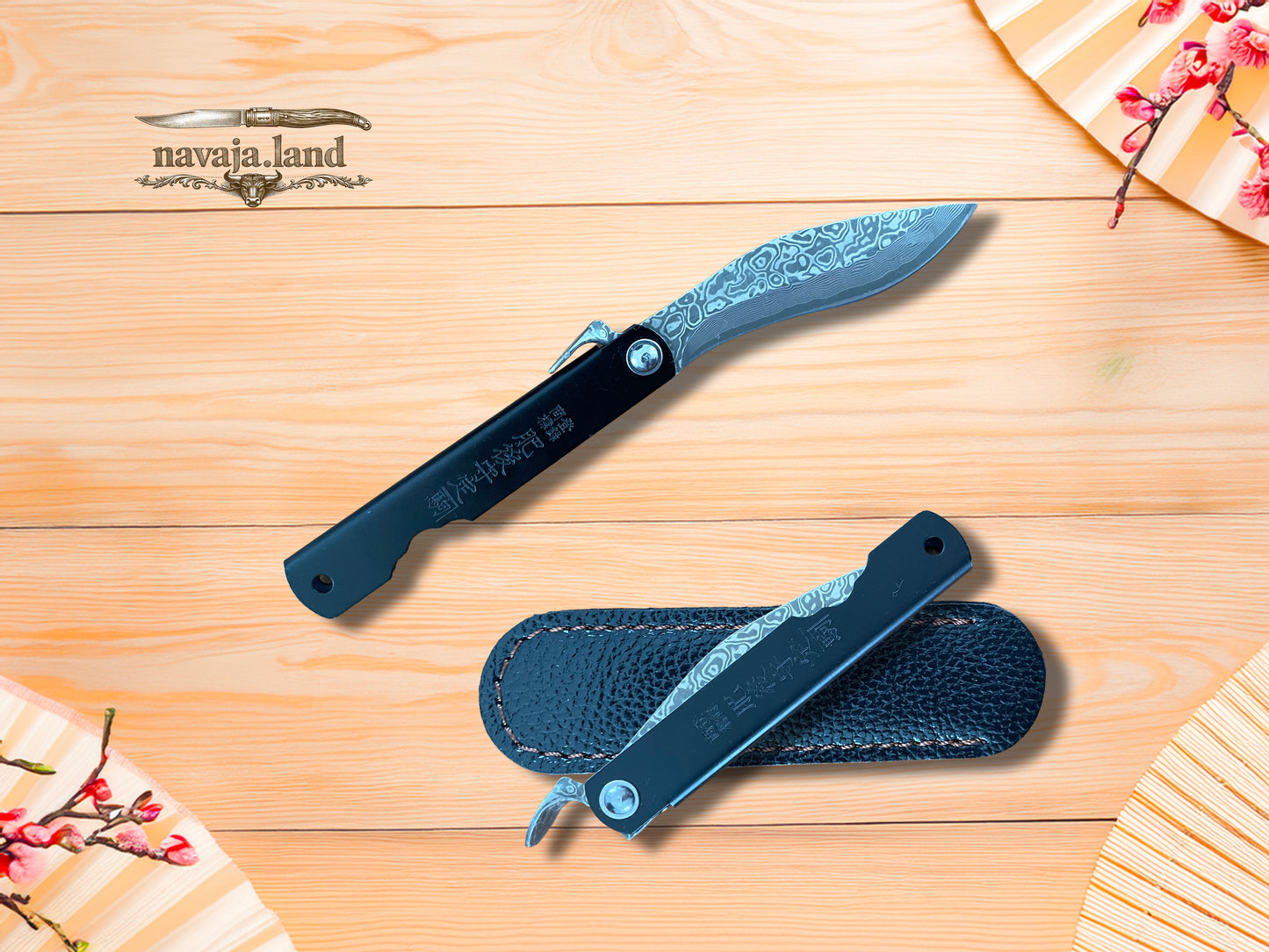 2.9” Higonokami Style Pocket Knife – 79-Layer Damascus Falcata Blade | Steel Handle | Sheath | EDC Folding Knife