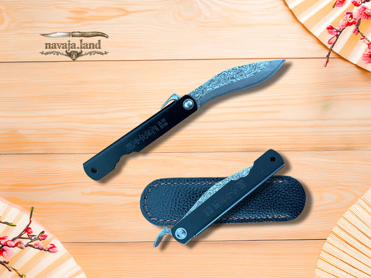 2.9” Higonokami Style Pocket Knife – 79-Layer Damascus Falcata Blade | Steel Handle | Sheath | EDC Folding Knife