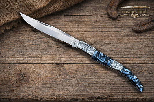5.9" Arabian Style Navaja with Ratchet Pocket Knife Blue Acrylic & Steel Handle