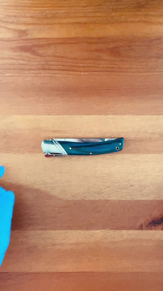 3.54" Spanish Navaja Pocket Knife Blue Wood Scales With Ratchet & Billet Lock