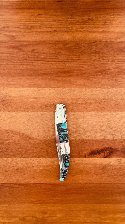 5.9" Arabian Style Navaja with Ratchet Pocket Knife Blue Acrylic & Steel Handle